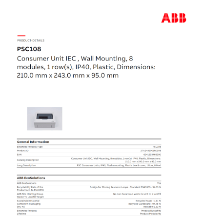 ตู้คอนซูมเมอร์ใส่เบรกเกอร์ 8 ช่อง ABB PSC108 Consumer Unit IEC IP40 Plastic Box & Cover_6